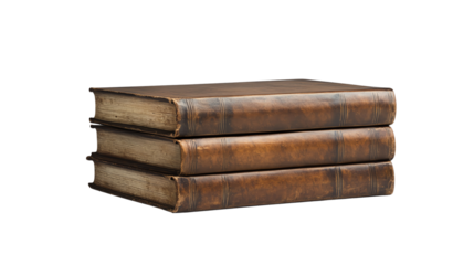 Three antique books stacked on a table.