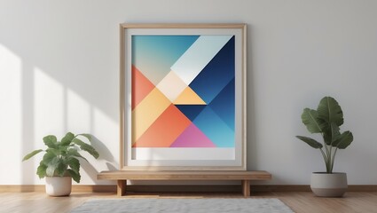 Indoor setting with framed geometric abstract art. Colors include blue, orange, pink and white. Plants add a touch of nature to this serene space.