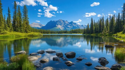 Fototapeta premium A tranquil mountain landscape showcasing a clear lake reflecting the sky and surrounding forest. The scene exudes peace, natural beauty, and escape into nature.