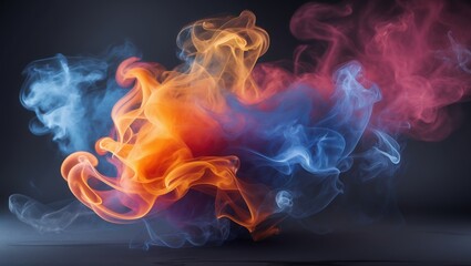 Obraz premium Swirling smoke cloud illustration. Orange pink and blue colors flow on dark background. Abstract vapor streams motion effect.
