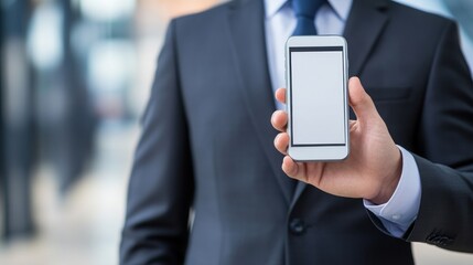 Businessman shows blank phone screen indoors