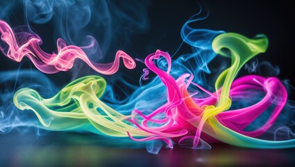 Colorful smoke flows on dark surface. Blue pink yellow green shades mix. Soft light abstract background.