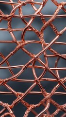 Fototapeta premium Copper metal weave over dark background. Woven wire forms lattice structure. Some wires are smooth, some twisted. Close up metal pattern.