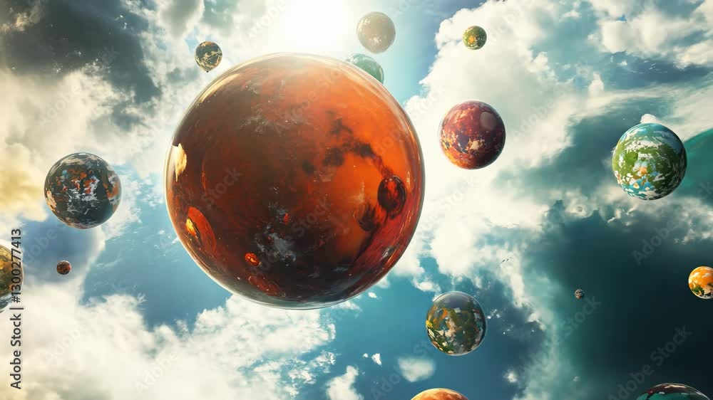 Poster Floating spheres create an abstract display in dynamic skies during a mystical twilight, Abstract of appearance and flight of spheres