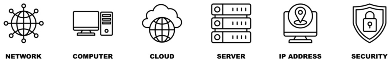 Network technology banner web icon set vector symbol illustration concept with icon of network, computer, cloud, server, ip address and security