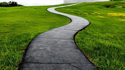 Naklejka premium Curved Pathway Through Lush Green Landscape Under Cloudy Sky