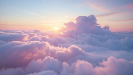 Pink sky with clouds at sunset. Sun shining over layered clouds, colors are pale pink, blue and white.