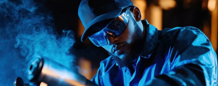 Focused Worker in Safety Gear Repairing Equipment Under Blue Light for Safety and Precision