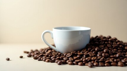 Fototapeta premium A simple white cup rests gently on a mound of roasted coffee beans, ready for brewing a delightful morning beverage.