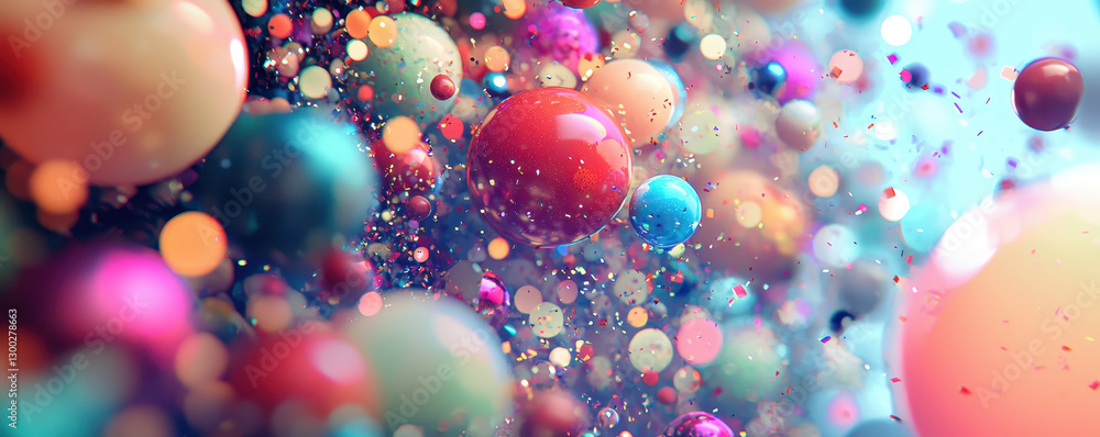 Poster colorful abstract background with floating spheres and glittering particles