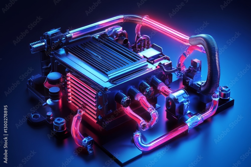 Poster futuristic glowing computer component technological assembly glowing red blue.