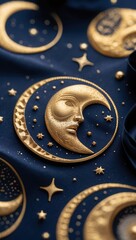 Golden moon face and stars on dark blue fabric. Crescent shapes with astral elements in gold color. Celestial bodies artwork background.