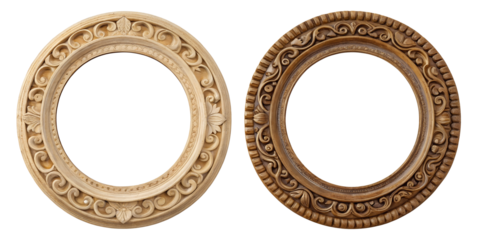 Two Different Style Oval Round Antique Carved Wooden Frame, Classic Wooden Frame, Vintage Carved Design, PNG Transparent