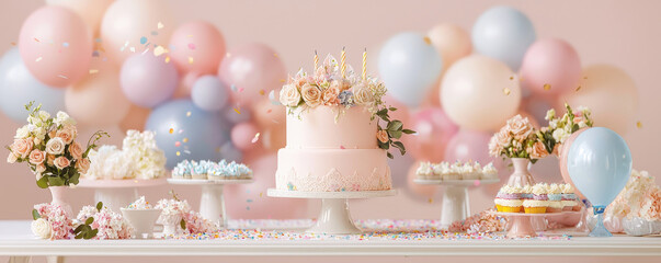 beautiful birthday celebration setup featuring pastel cake, flowers, and balloons