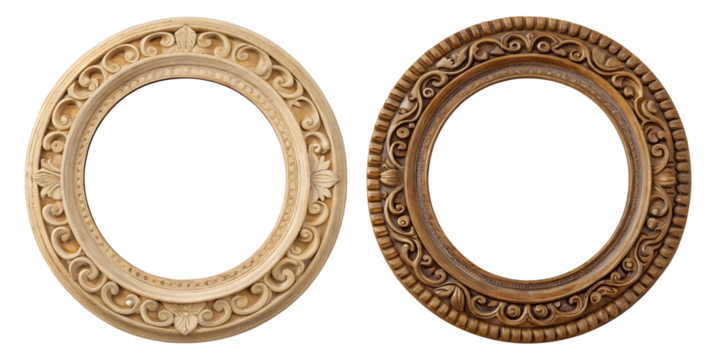 Two Different Style Oval Round Antique Carved Wooden Frame, Classic Wooden Frame, Vintage Carved Design, PNG Transparent