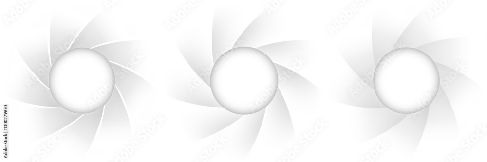 Poster white buttons with spiral shutter shapes, white gray icons design.