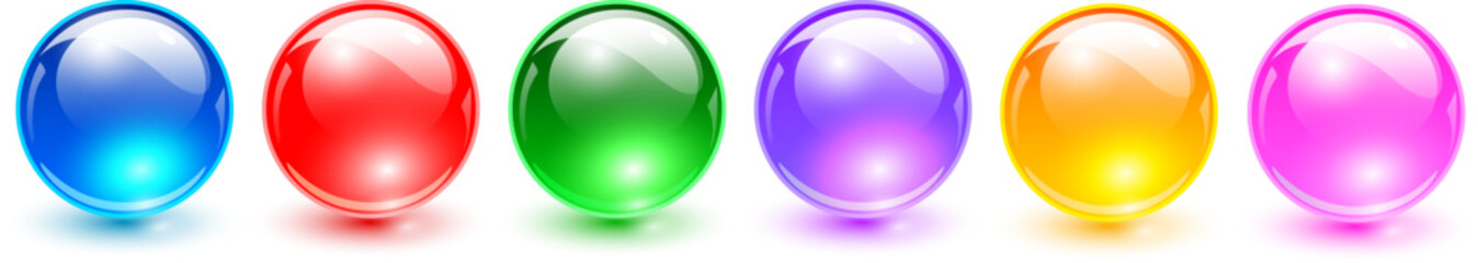 Glass balls set, multicolored 3d shiny spheres collection.