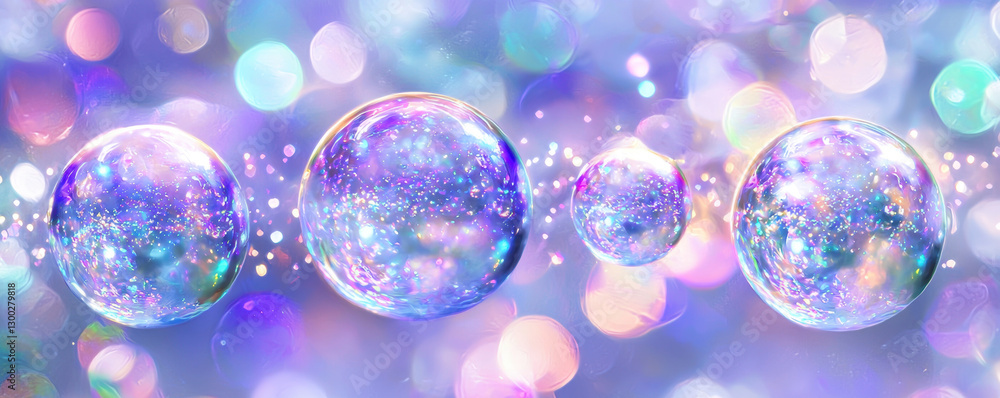 Poster colorful bubbles floating in dreamy background with soft lights and sparkles