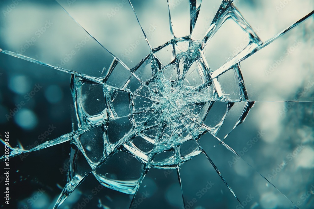 Aufkleber closeup view of shattered glass with teal color and bokeh background detailed crack pattern weblike 