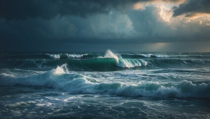 Fototapeta premium Ocean waves under dark cloudy sky. White foam crests turquoise water during stormy day.