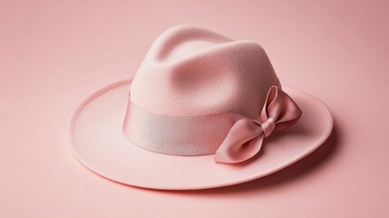 Pink fedora hat with bow, on pink background