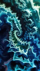 Obraz premium Blue Green Spiral Fractal. Abstract flowing forms showing complex geometry, spirals and fractal patterns. Decorative design in light and dark colors.