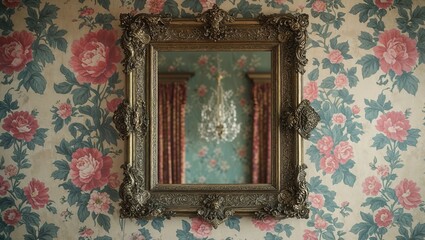 Ornate gold mirror reflects room with turquoise wallpaper and chandelier. Floral wallpaper with pink and red blossoms covers wall around mirror.