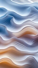 Fototapeta premium Abstract waves background. Light blue, white and peach smooth shapes create undulation and a calming effect. Fine lines add texture to surface.