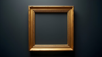 Elegant Ornate Golden Picture Frame on Dark Blue Wall - Empty Decorative Art Frame for Photos Paintings Mirrors Posters Prints Wall Decor