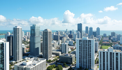 Vibrant Miami skyline under sunny skies, urban panorama