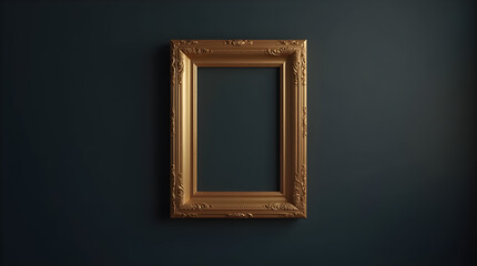 Elegant Ornate Vintage Gold Frame on Dark Blue Wall - Empty Decorative Blank Canvas Art Photos Wall Decor