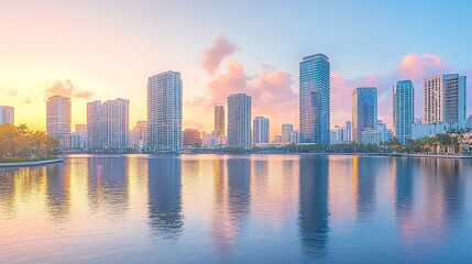 Fototapeta premium Stunning City Skyline Reflected in Calm Water During Sunset