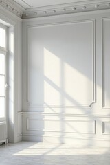 Obraz premium Sunlit Corner of a Room with Elegant White Paneling and Hardwood Floor