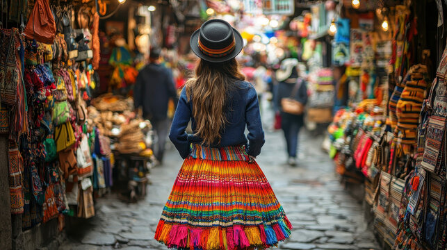 Bolivian indigenous woman in vibrant pollera skirt navigates bustling Andean market