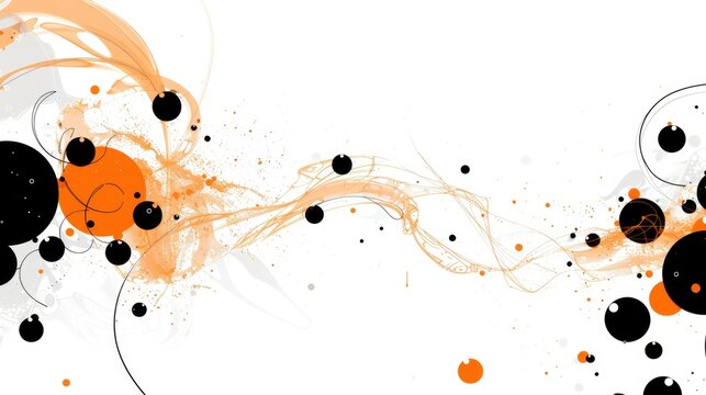Abstract black and orange circles with splatter effects on white background. Background image of black and orange circle oil texture floating on water surface. Digital art for dynamic design. AIG51.