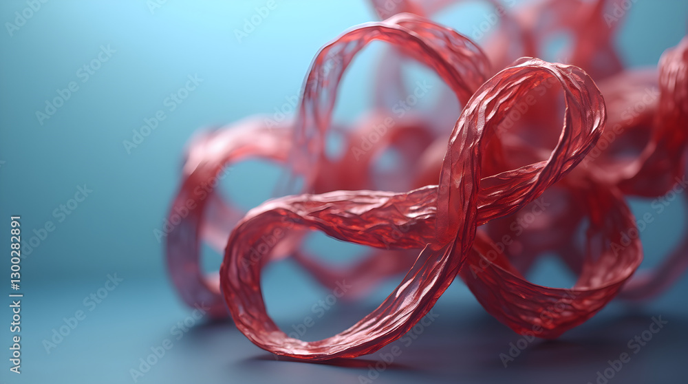 Poster organic flowing abstract translucent red ribbon shape 3d render macro close up blue background detai