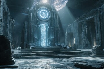 Intriguing ancient ruins illuminated by cosmic light during a celestial event