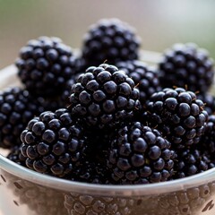 pile of blackberries in a transparent glass bowl, macro shot with a blurred background to emphasize details.