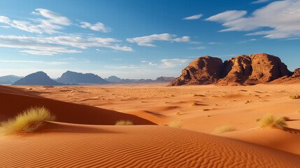 Naklejka premium Golden sand dunes seamlessly blend with the clear blue sky, dotted with wispy clouds