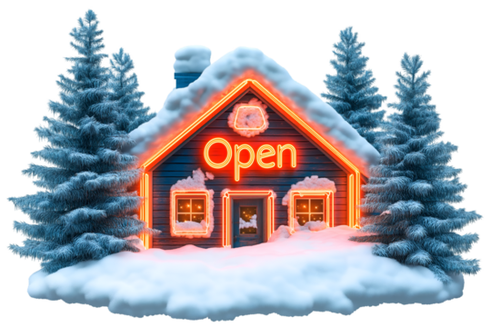 Winter House Scene with Snow Covered Trees and Open Sign.