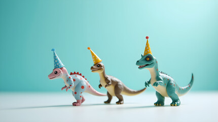 Cute Toy Dinosaurs Colorful Party Hats Kids Birthday Bright Blue