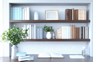 Fototapeta premium Modern Home Office Bookshelf Background for Zoom Meeting and Online Presentation
