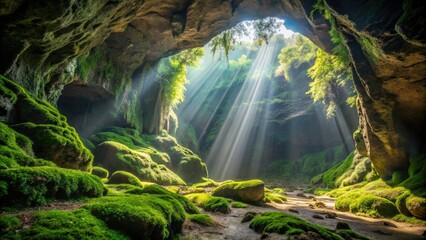 Dappled light filtering through dense moss in the depths of an old cave, darkness, mysterious atmosphere, natural light