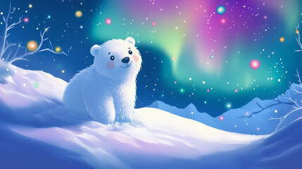 Fototapeta premium adorable white bear under the northern lights, perfect for children's books, nursery decor, and winter-themed designs