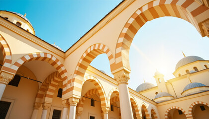 Golden mosque archway under bright midday sun, architectural beauty
