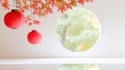 Elegant Japanese Lanterns Hanging by a Circular Window