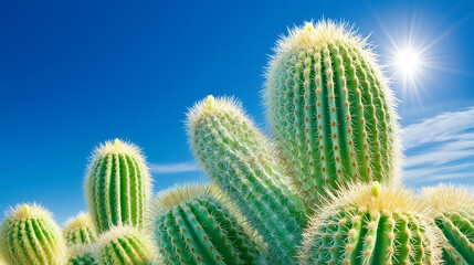 Majestic cacti rise against a vivid blue sky, their sharp spines catching the sunlight. Unique desert flora surrounds them, highlighting the stark beauty of this arid landscape in the afternoon light
