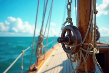 Wooden wheel and nautical rope on a sailing vessel's deck, under a vibrant blue sky