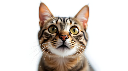 Cute Brown Tabby Cat Headshot - Green Eyes Feline - Studio Shot on White Background