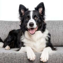 A calm dog laying on a couch with a peaceful expression in a cozy and inviting living room setting